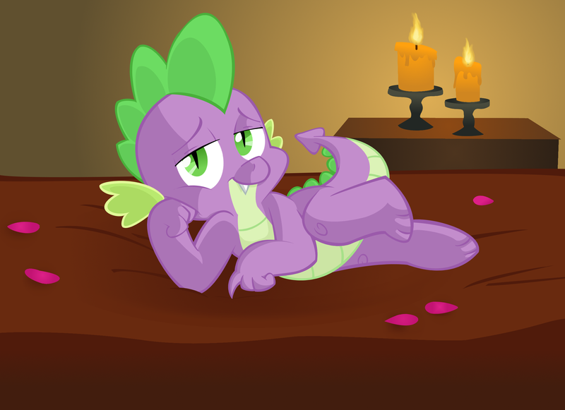 Size: 2336x1696 | Tagged: artist:acstlu, bed, bedroom eyes, candle, derpibooru import, spike, stupid sexy spike, suggestive