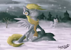 Size: 1024x726 | Tagged: safe, artist:gaiascope, derpibooru import, derpy hooves, pegasus, pony, clothes, female, mare, scarf, snow, snowfall