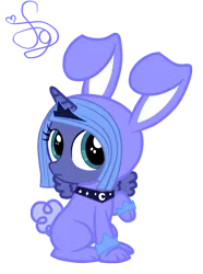 Size: 700x942 | Tagged: safe, artist:kristiesparcle, derpibooru import, princess luna, pony, bunny costume, clothes, cute, filly, frown, looking at you, raised hoof, simple background, sitting, solo, transparent background, woona