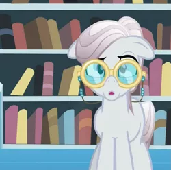 Size: 769x763 | Tagged: safe, derpibooru import, screencap, agate, amethyst maresbury, crystal pony, pony, the crystal empire, book, cropped, elderly, female, glasses, librarian, mare, open mouth, solo