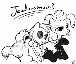 Size: 1280x1067 | Tagged: suggestive, artist:kinkyspree, derpibooru import, pinkie pie, oc, oc:ponyhidden, earth pony, pony, canon x oc, clothes, collar, condom, duo, evening gloves, female, femdom, gloves, grayscale, image, jpeg, latex, latex gloves, latex stockings, leash, long gloves, male, mare, monochrome, mouth hold, stallion, stockings, submissive, thigh highs, tumblr