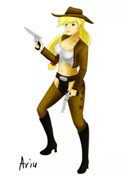Size: 1000x1400 | Tagged: applejack, artist:kprovido, breasts, busty applejack, cleavage, crossover, derpibooru import, dual wield, gun, human, humanized, league of legends, miss fortune (league of legends), no trigger discipline, revolver, safe, weapon