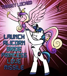 Size: 1762x2000 | Tagged: artist:senselesssquirrel, derpibooru import, epic wife tossing, fastball special, horn crystals, missile launcher, princess cadance, safe, shining armor, the crystal empire