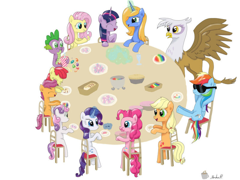 Size: 900x675 | Tagged: safe, artist:finnishgirl97, derpibooru import, apple bloom, applejack, fluttershy, gilda, rainbow dash, rarity, scootaloo, spike, sweetie belle, twilight sparkle, oc, oc:corona muse, oc:harmony star, dragon, earth pony, gryphon, pegasus, pony, unicorn, arm behind head, cutie mark crusaders, drinking, eating, female, filly, food, freckles, glowing horn, hooves on the table, horn, magic, mane seven, mare, pie, sitting, smiling, sunglasses, telekinesis