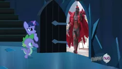 Size: 854x480 | Tagged: derpibooru import, exploitable meme, fabulous, kaiser belial, meme, safe, spike, the scary door, twilight sparkle, ultraman, ultraman belial