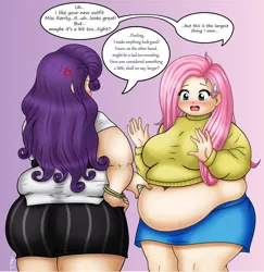 Size: 4842x4984 | Tagged: safe, artist:thepervertwithin, derpibooru import, fluttershy, rarity, human, absurd resolution, anime, bbw, belly, belly button, big belly, clothes, cute, fat, fattershy, humanized, image, jpeg, large butt, muffin top, obese, raritubby, skirt, sweater, sweatershy, tight, wide hips