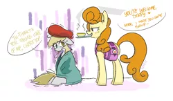 Size: 1200x700 | Tagged: safe, artist:xieril, derpibooru import, carrot top, derpy hooves, golden harvest, pegasus, pony, female, first aid, food, ice pack, mare, sick, soup, thermometer