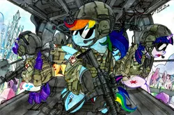 Size: 952x632 | Tagged: an/peq-15, applejack, ar15, artist:buckweiser, assault rifle, crystal empire, derpibooru import, eotech, gun, helicopter, holographic sight, military, rainbow dash, rarity, rifle, safe, sunglasses, twilight sparkle, weapon