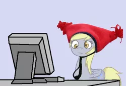 Size: 550x375 | Tagged: safe, artist:xieril, derpibooru import, derpy hooves, pegasus, pony, computer, female, hat, mare, reaction image, silly hat, solo