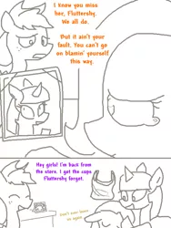 Size: 600x800 | Tagged: anxiety, applejack, artist:the weaver, bait and switch, comic, crying, cup, derpibooru import, eyes closed, floppy ears, fluttershy, hug, open mouth, overly attached fluttershy, overreaction, picture frame, sad, safe, simple background, smiling, source needed, twilight sparkle, weaver you magnificent bastard, white background