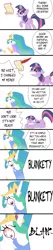 Size: 612x2870 | Tagged: safe, artist:mangaka-girl, derpibooru import, princess celestia, twilight sparkle, bloodshot eyes, comic strip, cringing, no free rides, parody, psycholestia, spongebob squarepants