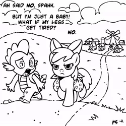 Size: 945x945 | Tagged: safe, artist:megasweet, derpibooru import, apple bloom, spike, dragon, earth pony, pony, bag, black and white, dialogue, duo, female, filly, foal, grayscale, male, monochrome, path, ponyville, saddle bag, simple background, walking, white background, windmill