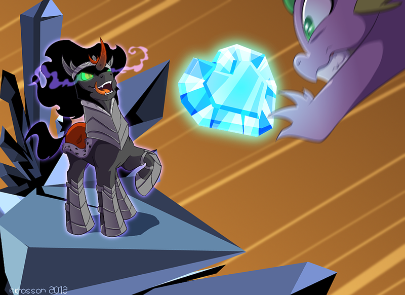 Size: 900x655 | Tagged: safe, artist:krossan, derpibooru import, king sombra, spike, the crystal empire, crystal heart, falling, open mouth, scene interpretation, spike vs sombra, tongue out