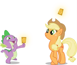 Size: 900x770 | Tagged: safe, artist:mewtwo-ex, derpibooru import, applejack, spike, dragon, earth pony, pony, the ticket master, crossed hooves, duo, female, gala ticket, magic, male, mare, simple background, telekinesis, ticket, transparent background, vector