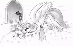 Size: 946x620 | Tagged: artist:alloyrabbit, derpibooru import, monochrome, princess celestia, princess luna, safe, sillestia, the crystal empire