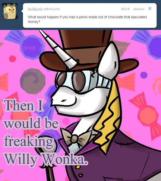 Size: 585x657 | Tagged: artist:ttturboman, ask, ask blueblood, derpibooru import, parody, prince blueblood, questionable, tumblr, willy wonka, willy wonka and the chocolate factory