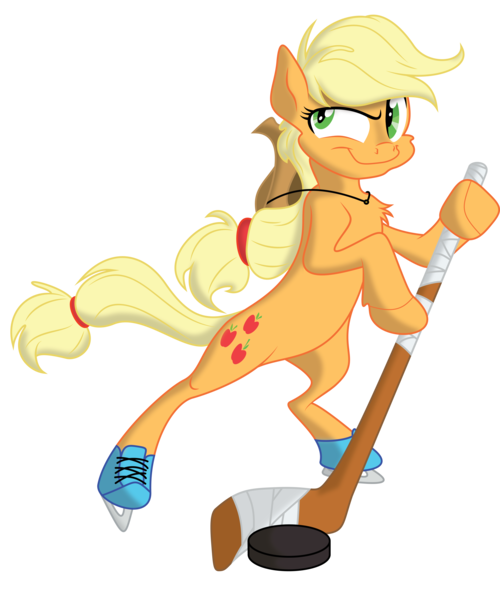 Size: 6994x8389 | Tagged: safe, artist:mysteriouskaos, artist:xenon, derpibooru import, applejack, pony, absurd resolution, bipedal, chest fluff, hockey, ice skates, simple background, transparent background, vector