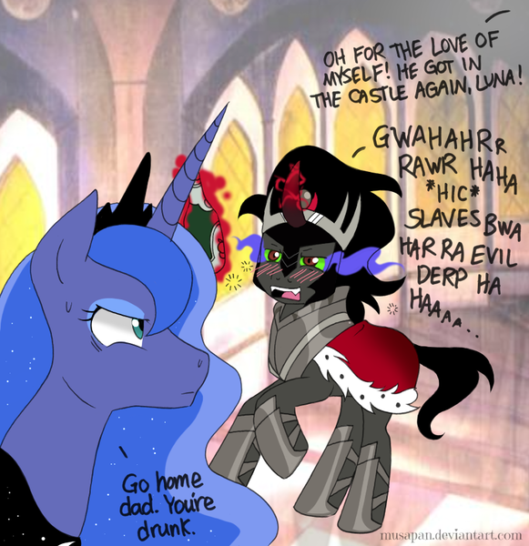 Size: 816x842 | Tagged: alcohol, artist:musapan, derpibooru import, drunk, go home you're drunk, king sombra, princess luna, safe, spoiler:s03, wat