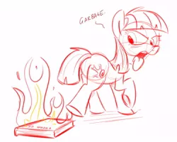 Size: 600x480 | Tagged: safe, artist:sibsy, derpibooru import, wild fire, pegasus, pony, book, female, fifty shades of grey, fire, mare, plot, sibsy, sketch, solo, tongue out, underhoof, wild fire is not amused