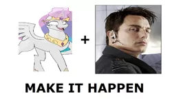 Size: 1176x736 | Tagged: suggestive, derpibooru import, princess celestia, alicorn, pony, princess molestia, all caps, doctor who, exploitable meme, female, glowing horn, jack harkness, magic, make it happen, mare, meme, meta, open mouth, shrunken pupils, smiling, torchwood, wtf, xk-class end-of-the-world scenario