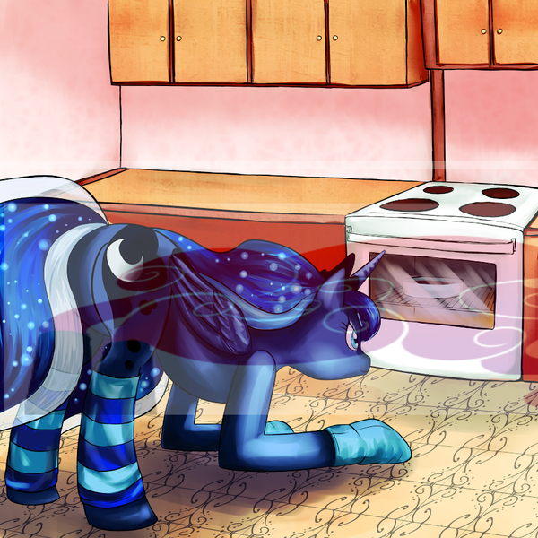 Size: 900x900 | Tagged: artist:hell00001, baking, clothes, derpibooru import, oven, princess luna, safe, socks, solo, striped socks