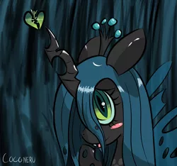 Size: 1920x1800 | Tagged: safe, artist:coconeru, derpibooru import, queen chrysalis, :p, blushing, cute, cutealis, fangs, heart, looking at you, smiling, solo, tongue out