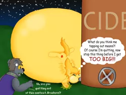 Size: 900x677 | Tagged: artist:tofer18, belly, braeburn, cider, derpibooru import, diamond dog, inflation, oc, safe, stuck, stuffing, weight gain