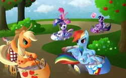 Size: 1920x1200 | Tagged: applejack, artist:blue-paint-sea, artist:reuniclus, derpibooru import, driving, kart, pinkie pie, ponykart, rainbow dash, rarity, safe, twilight sparkle