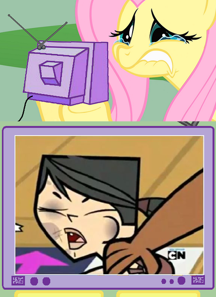 Size: 563x771 | Tagged: abuse, bruised, derpibooru import, exploitable meme, fluttercry, fluttershy, heather, injured, meme, safe, slapping, total drama island, tv meme