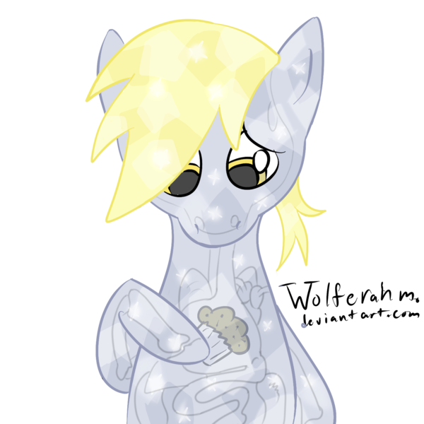 Size: 2000x2000 | Tagged: safe, artist:wolferahm, derpibooru import, derpy hooves, crystal pony, pegasus, pony, 30 minute art challenge, bone, female, food, mare, muffin, organs, sad, signature, simple background, transparent background, transparent flesh