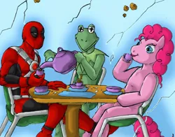 Size: 1247x980 | Tagged: safe, artist:mortalshinobi, derpibooru import, pinkie pie, earth pony, frog, pony, crossover, deadpool, kermit the frog, tea, the muppets