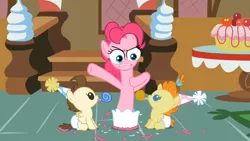 Size: 1280x720 | Tagged: babies, baby cakes, baby ponies, cake, derpibooru import, diaper, diapered, diapered colt, diapered filly, diapered foals, edit, edited screencap, food, meme, noisemaker, one month old colt, one month old filly, one month old foals, party hats, pinkie pie, pound cake, pumpkin cake, safe, screencap, special eyes, surprise cake, white diapers