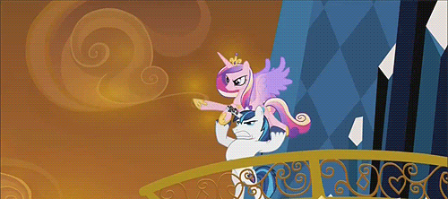 Size: 500x222 | Tagged: safe, derpibooru import, screencap, princess cadance, shining armor, pony, the crystal empire, animated, bipedal, epic wife tossing, fastball special, horn crystals, throwing