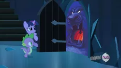 Size: 854x480 | Tagged: aladdin, cave of wonders, derpibooru import, disney, exploitable meme, meme, nightmare fuel, safe, spike, the scary door, twilight sparkle