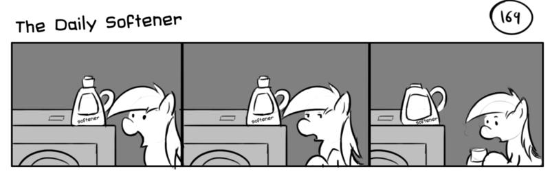 Size: 1280x404 | Tagged: safe, artist:tetrapony, derpibooru import, derpy hooves, pegasus, pony, comic:the daily derp, comic, fabric softener, female, mare, monochrome, solo, the daily softener, washing machine