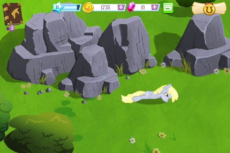 Size: 960x640 | Tagged: safe, derpibooru import, derpy hooves, pegasus, pony, female, game screencap, gameloft, mare, planking, prone, rock, solo