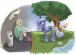 Size: 1500x1077 | Tagged: dead source, safe, artist:phoreen, derpibooru import, princess luna, oc, oc:anon, alicorn, butterfly, human, pony, duo, paper bag, s1 luna, sad, smiling, trash can