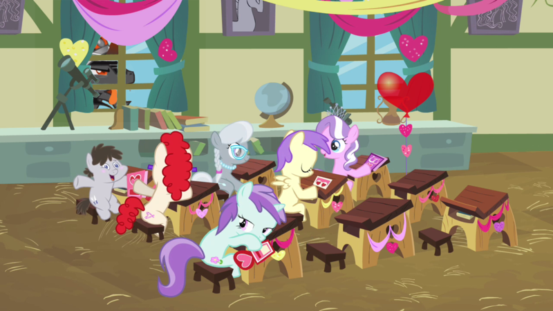 Size: 1280x720 | Tagged: suggestive, derpibooru import, edit, edited screencap, screencap, alula, diamond tiara, king sombra, liza doolots, petunia, silver spoon, tootsie flute, truffle shuffle, twist, pony, hearts and hooves day (episode), background pony, balloon, classroom, glasses, hearts and hooves day, licking lips, ponyville schoolhouse, when you see it