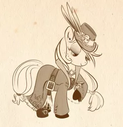 Size: 569x585 | Tagged: safe, artist:bunnimation, derpibooru import, applejack, earth pony, pony, brown background, classy, clothes, dress, feather, female, hat, mare, monochrome, photoshop, simple background, solo, steampunk, watch
