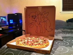 Size: 960x717 | Tagged: safe, artist:a pizza guy, derpibooru import, derpy hooves, pegasus, pony, bed, computer, desktop, female, food, mare, meat, pepperoni, pepperoni pizza, photo, pizza, pizza box
