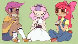 Size: 1280x729 | Tagged: apple bloom, artist:jun-k-tastic, bandaid, clothes, cutie mark crusaders, derpibooru import, dress, eating, food, humanized, overalls, safe, sandwich, scootaloo, sweetie belle