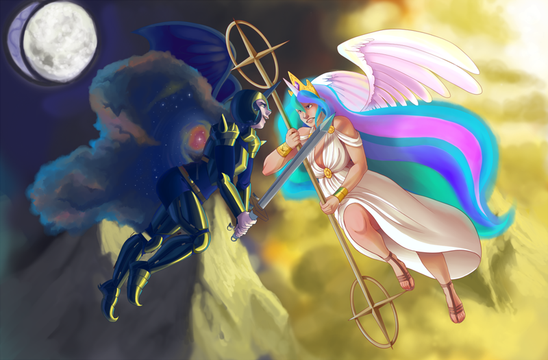 Size: 1280x840 | Tagged: artist:jun-k-tastic, derpibooru import, horned humanization, humanized, nightmare moon, princess celestia, safe, winged humanization