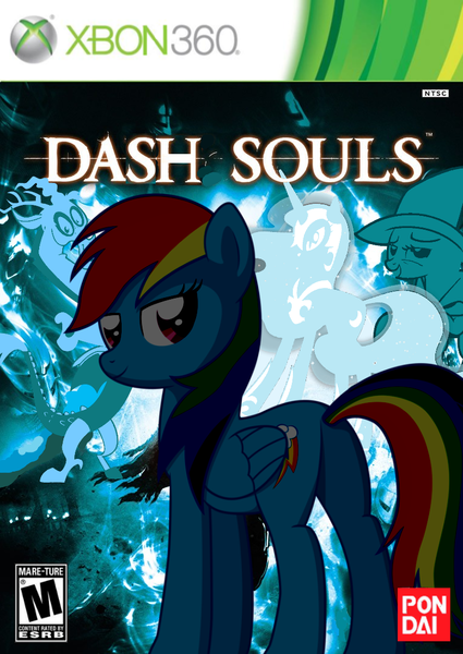 Size: 765x1079 | Tagged: artist:nickyv917, crossover, dark souls, derpibooru import, discord, game cover, nightmare moon, ponified, rainbow dash, safe, trixie, video game, xbox 360