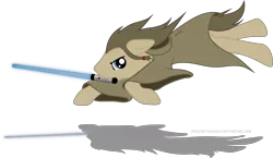 Size: 3485x2015 | Tagged: safe, artist:spiritofthwwolf, derpibooru import, doctor whooves, time turner, earth pony, pony, crossover, jedi, leaping, lightsaber, male, mouth hold, robes, simple background, stallion, star wars, transparent background, weapon