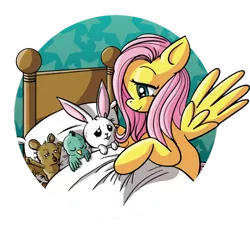 Size: 600x574 | Tagged: safe, artist:xkappax, derpibooru import, fluttershy, bat, bird, rabbit, bed, bedtime