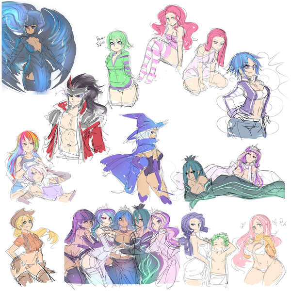 Size: 3000x3000 | Tagged: suggestive, artist:maniacpaint, derpibooru import, applejack, fluttershy, gilda, king sombra, nightmare moon, pinkie pie, princess cadance, princess celestia, princess luna, queen chrysalis, rainbow dash, rarity, spike, trixie, twilight sparkle, human, applebucking thighs, barb, bra, breasts, busty applejack, busty fluttershy, busty nightmare moon, busty pinkie pie, busty princess cadance, busty princess celestia, busty princess luna, busty queen chrysalis, busty rarity, busty twilight sparkle, clothes, duality, female, glasses, humanized, mane seven, mane six, pinkamena diane pie, royal sisters, rule 63, shirt lift, sketch dump, socks, striped socks, underwear