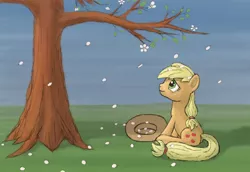 Size: 5466x3771 | Tagged: safe, artist:morevespenegas, derpibooru import, applejack, earth pony, pony, female, flower petals, looking up, mare, sitting, solo, tree