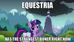 Size: 640x360 | Tagged: suggestive, derpibooru import, edit, edited screencap, screencap, twilight sparkle, pony, unicorn, dragonshy, caption, dragon mountain, female, image macro, implied erection, mare, mountain, out of context, saddle bag, smoke, unicorn twilight, weirdest boner