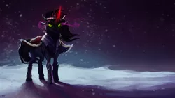 Size: 1920x1080 | Tagged: safe, artist:cmaggot, derpibooru import, king sombra, pony, unicorn, armor, glowing horn, snow, snowfall, solo, wallpaper