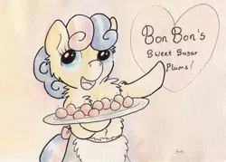 Size: 1016x728 | Tagged: safe, artist:slightlyshade, derpibooru import, bon bon, sweetie drops, earth pony, pony, apron, candy, chest fluff, clothes, female, fluffy, hooves, mare, open mouth, solo, text, traditional art